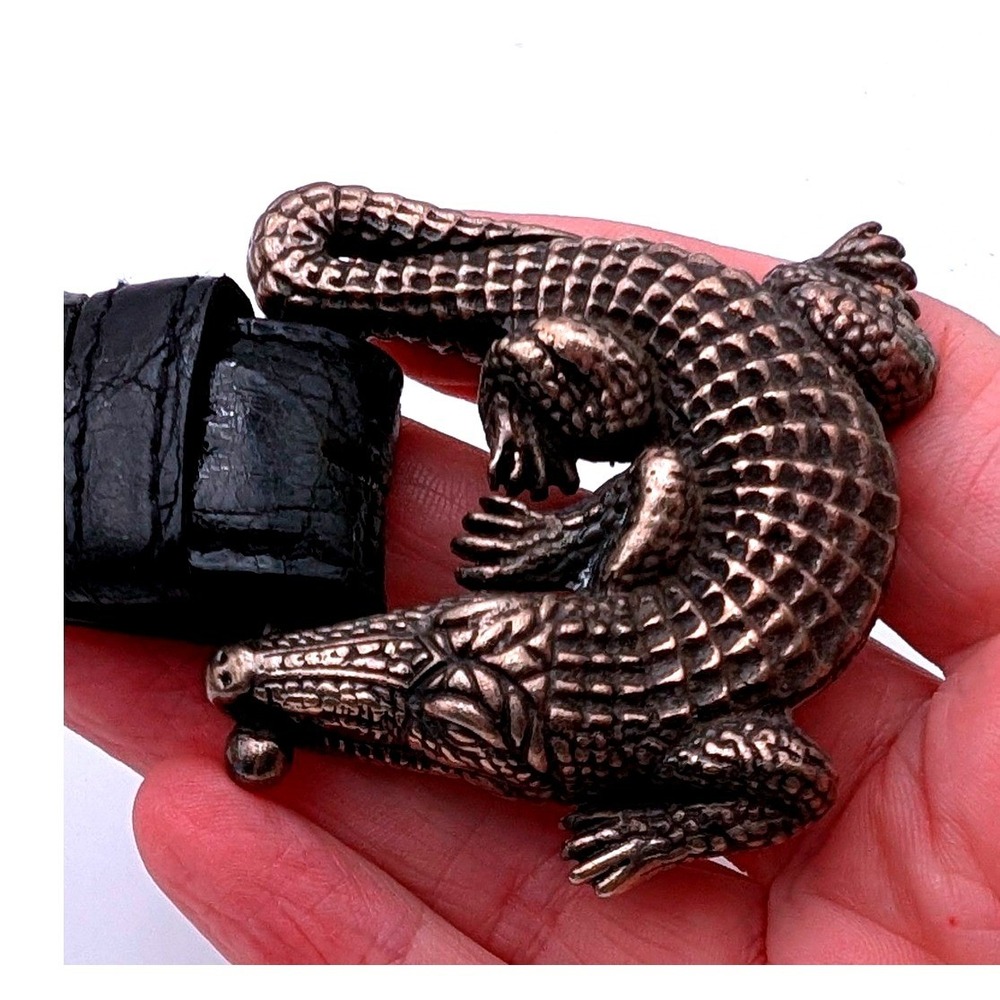 Vintage Alligator Buckle Black Embossed Leather Belt Bronze Animal Statement